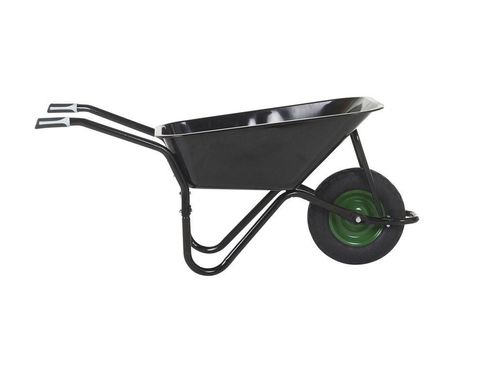 Olympus Wheelbarrow - Black Frame, Black Pan, Pneumatic Wheel with Green Centre