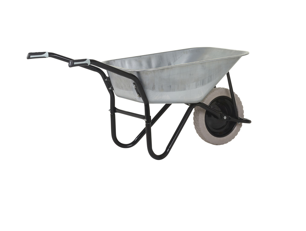 Olympus Wheelbarrow - Black Frame, Galvanised Pan, Grey Puncture Proof Wheel with Black Centre