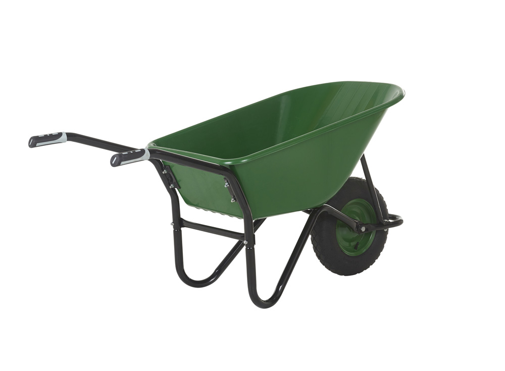 Olympus Wheelbarrow - Black Frame, Green Plastic Pan, Pneumatic Wheel with Green Centre