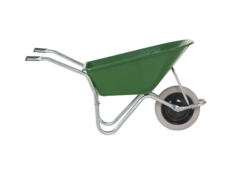 Olympus Wheelbarrow - Galvanised Frame, Green Plastic Pan, Grey Puncture Proof Wheel with Black Centre
