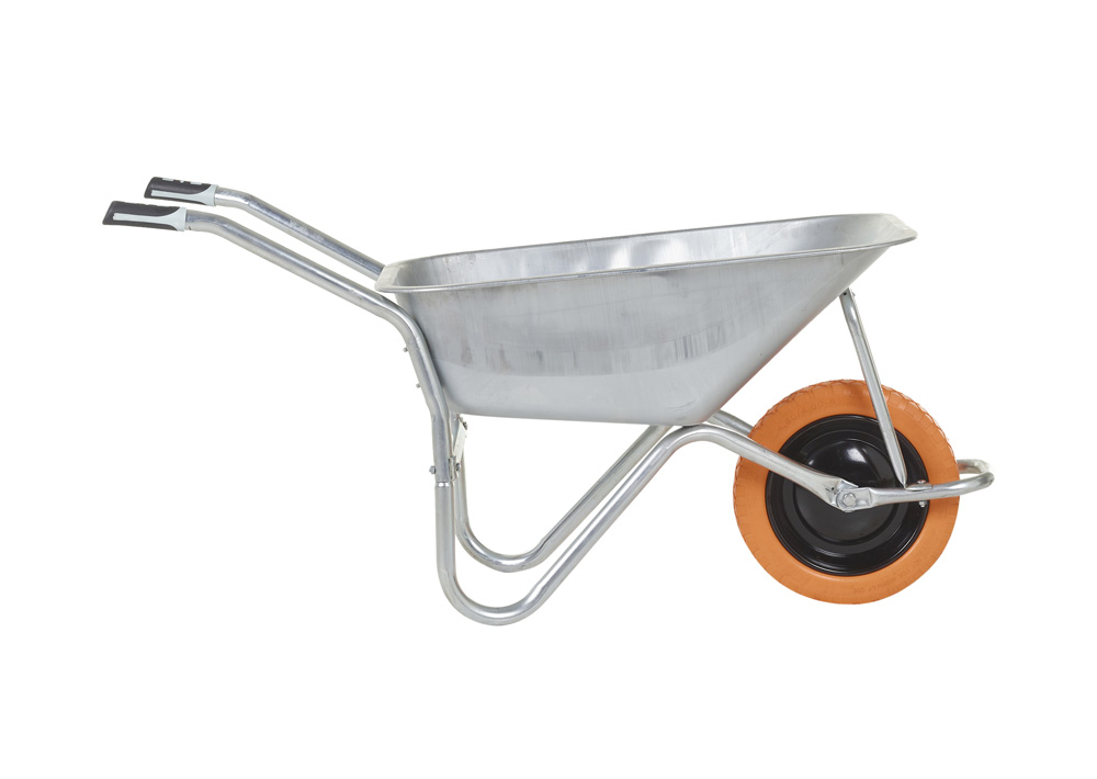 : Olympus Wheelbarrow - Galvanised Frame, Galvanised Pan, Orange Puncture Proof Wheel with Black Centre