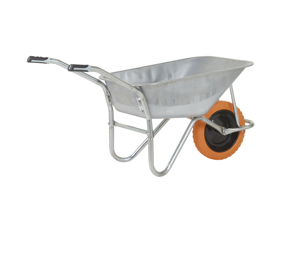 : Olympus Wheelbarrow - Galvanised Frame, Galvanised Pan, Orange Puncture Proof Wheel with Black Centre