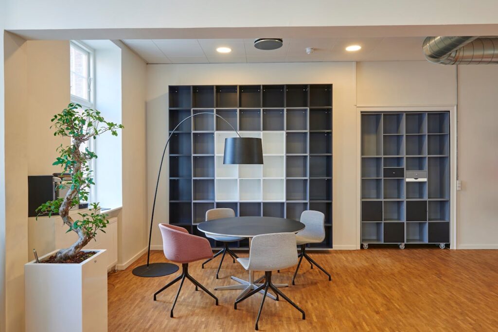 modern office design with round table and storage