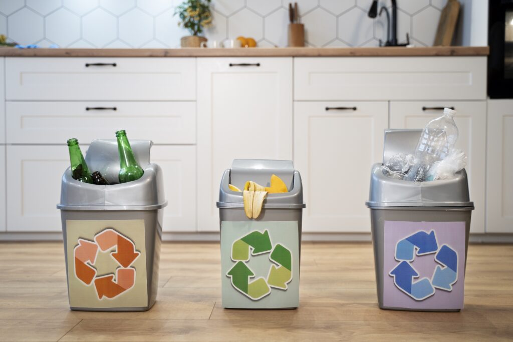 recycling bins with correlating waste in each