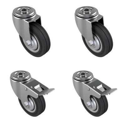 4 Pack 2 x Swivel 2 x Braked Rubber Steel Bolt Hole 100mm 180kg Load Per Set