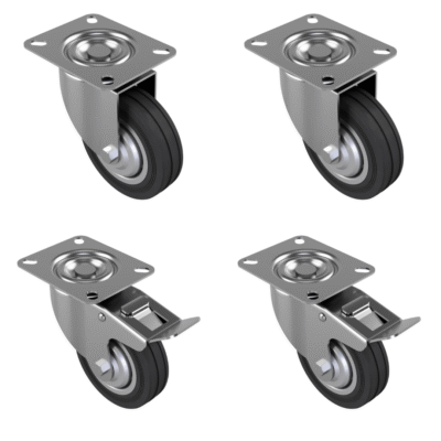 4 Pack Rubber Steel Plate 100mm - various configurations - 2 x Swivel + 2 x Braked