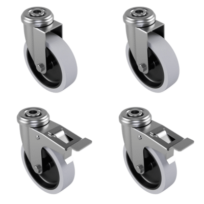 4 Pack 2 x Swivel 2 x Braked Grey Rubber Bolt Hole 100mm 210kg Load Per Set