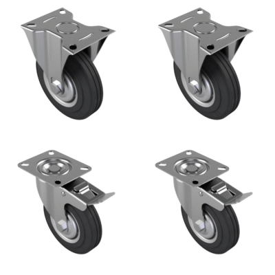 4 Pack Rubber Steel Plate 125mm - various configurations - 2 x Fixed + 2 x Braked