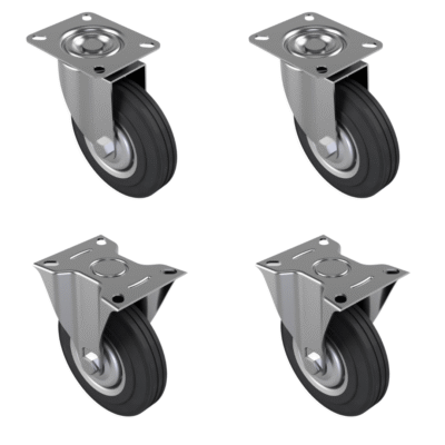 4 Pack Rubber Steel Plate 125mm - various configurations - 2 x Swivel + 2 x Fixed