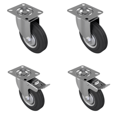 4 Pack Rubber Steel Plate 125mm - various configurations - 2 x Swivel + 2 x Braked