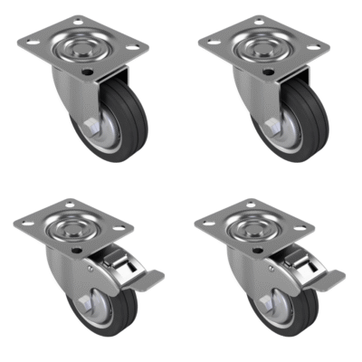 4 Pack Rubber Steel Plate  75mm - various configurations - 2 x Swivel + 2 x Braked