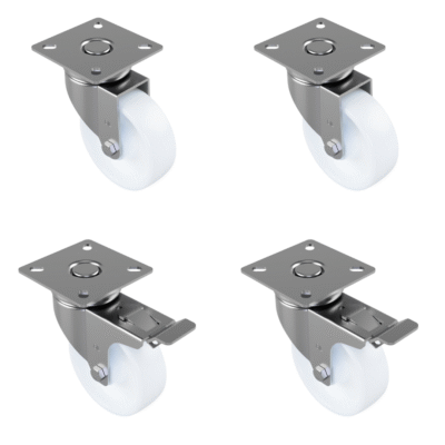 4 Pack Nylon Swivel Plate 75mm 2 x Swivel 2 x Braked 70kg