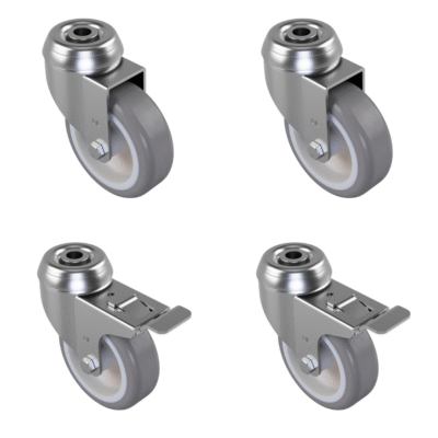 4 Pack 2 x Swivel 2 x Braked Grey Rubber Bolt Hole 75mm 150kg Load Per Set