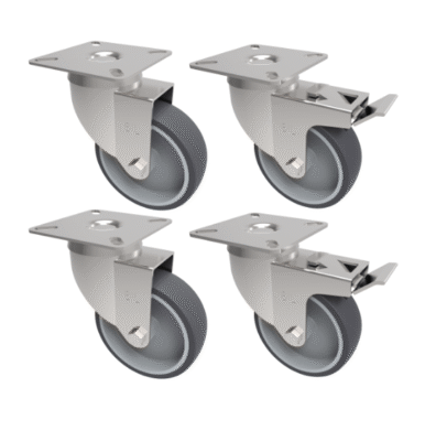 4 Pack 2 x Swivel 2 x Braked Grey Rubber Plate 75mm 150kg Load Per Set