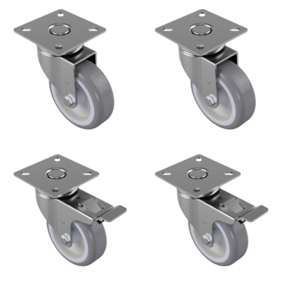 4 Pack Rubber Swivel Plate 75mm 2 x Swivel 2 x Braked 50kg Load