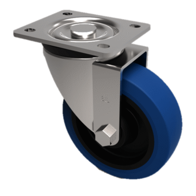 Blue Elastic Rubber 65ShoreA Plate Swivel Castor 80mm 150kg Load