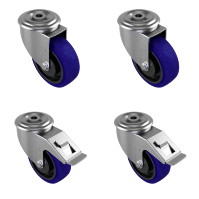 4 Pack 2 x Swivel 2 x Braked Blue Elastic Rubber Bolt Hole 100mm 480kg Load Per Set