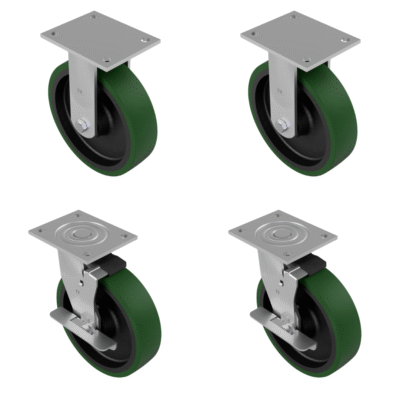 4 Pack Polyurethane Cast Iron Plate 200mm - Various Configurations - 2 x Fixed + 2 x Braked