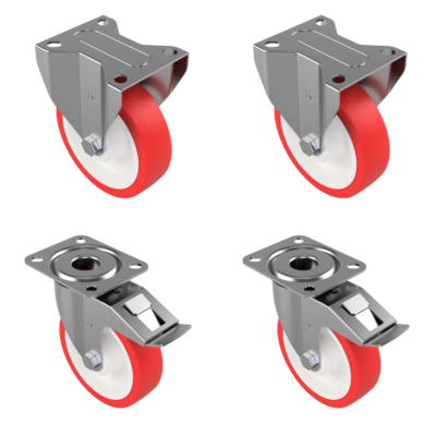4 Pack Polyurethane Nylon Plate 125mm - Various Configurations - 2 x Fixed + 2 x Braked