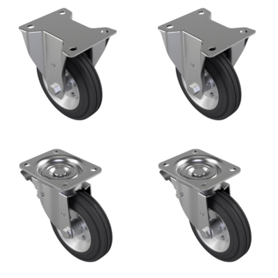 4 Pack Rubber Steel Plate - Various Configurations - 2 x Fixed + 2 x Braked
