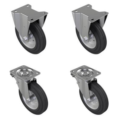 4 Pack Rubber Steel Plate - Various Configurations - 2 x Fixed + 2 x Braked