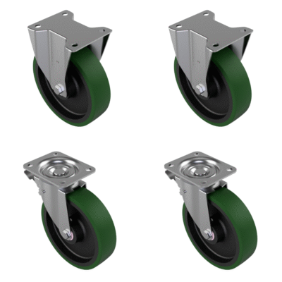4 Pack Polyurethane Cast Iron Plate 200mm - Various Configurations - 2 x Fixed + 2 x Braked