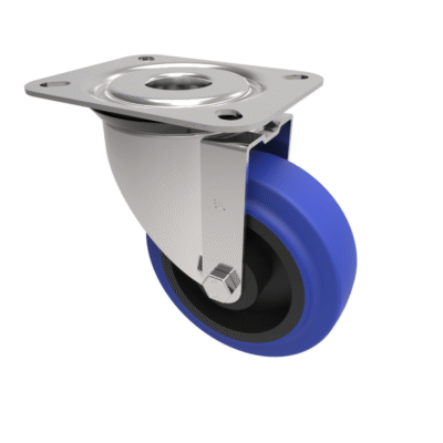 Blue Elastic Rubber 75ShoreA Plate Swivel Castor 100mm 160kg Load