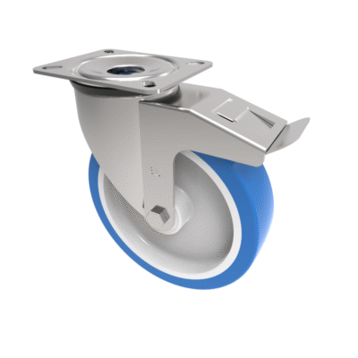 Soft Blue Polyurethane Nylon Plate Swivel Castor Brake 100mm 150kg Load
