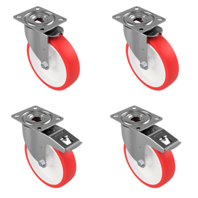 4 Pack Polyurethane Nylon Plate 200mm - Various Configurations - 2 x Swivel + 2 x Braked