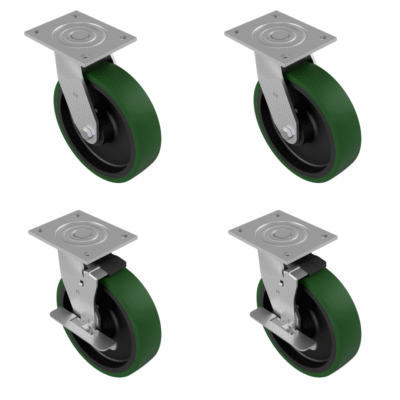 4 Pack Polyurethane Cast Iron Plate 200mm - Various Configurations - 2 x Swivel + 2 x Braked