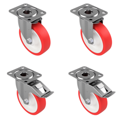 4 Pack Polyurethane Nylon Plate 125mm - Various Configurations - 2 x Swivel + 2 x Braked