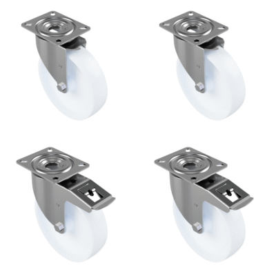 4 Pack Nylon Plate 200mm - Various Configurations - 2 x Swivel + 2 x Braked