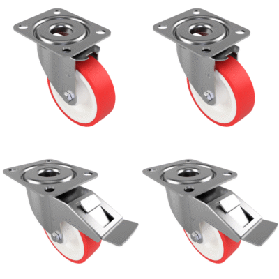 4 Pack Polyurethane Nylon Plate 100mm - Various Configurations - 2 x Swivel + 2 x Braked