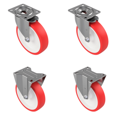 4 Pack Polyurethane Nylon Plate 200mm - Various Configurations - 2 x Swivel + 2 x Fixed