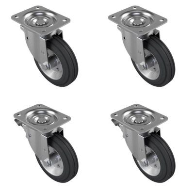 4 Pack Rubber Steel Plate - Various Configurations - 2 x Swivel + 2 x Braked