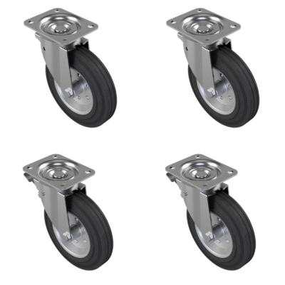 4 Pack Rubber Steel Plate - Various Configurations - 2 x Swivel + 2 x Braked