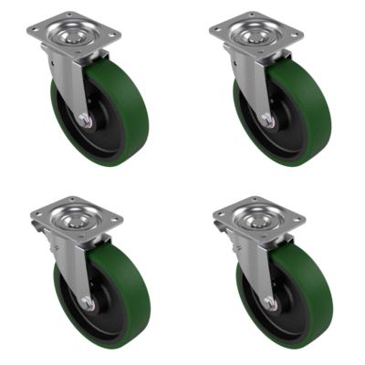 4 Pack Polyurethane Cast Iron Plate 200mm - Various Configurations - 2 x Swivel + 2 x Braked
