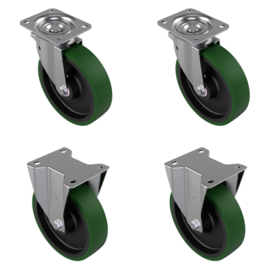 4 Pack Polyurethane Cast Iron Plate 200mm - Various Configurations - 2 x Swivel + 2 x Fixed