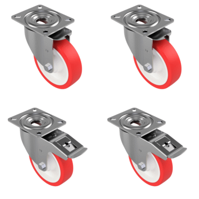 4 Pack Polyurethane Nylon Plate 150mm - Various Configurations - 2 x Swivel + 2 x Braked